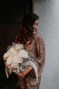 Custom made to order a rose gold sequinned bridal reception jumpsuit by Harriett Falvey